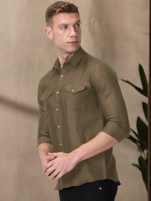 Thomas - Pure Linen Double Pocket Full Sleeve Shirt - Hazelnut Brown