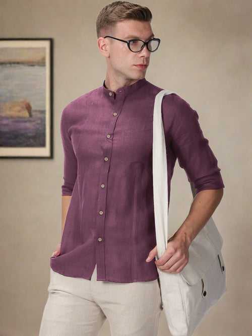 Trevor - Pure Linen Mandarin Collar Full Sleeve Shirt - Twilight Purple