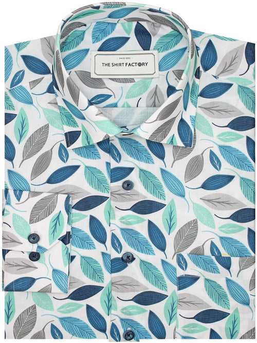 Men's Cotton Summer (Beach collection) Shirt  - White (Leaves Print) (1182)