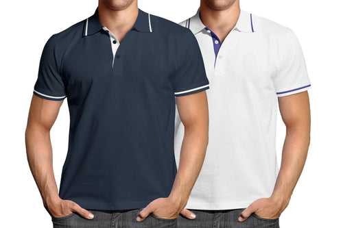 Combo of Men's Polo Collar Stripe Tipped T-Shirt (Black-White) - Super Saver Pack of 2