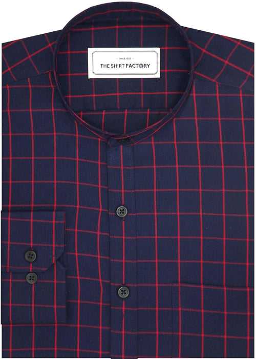 Men's Cotton Twill Check Shirt with Mandarin Collar - Navy (0930-MAN)