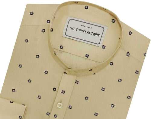 Men's 100% Cotton Dobby Printed Shirt with Mandarin Collar - Beige (0338-MAN)