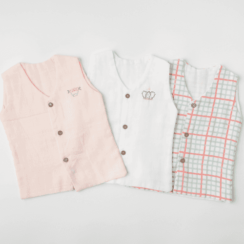 Set of 3 Newborn Muslin Vests (Pink, Checks, White)