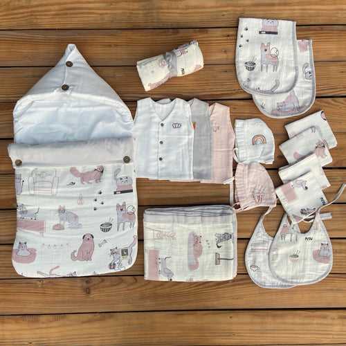Hospital Bag Must Haves Combo - Woofles & Purrito (total 16 Muslin Items)