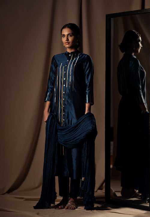 Midnight Blue Chanderi Jaamdani Silk Kurta with Pants