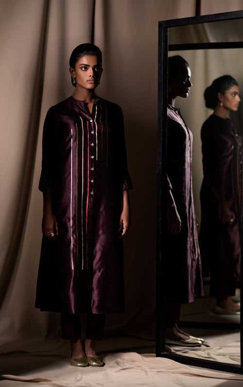 Burgundy Chanderi Jaamdani Silk Kurta with Pants