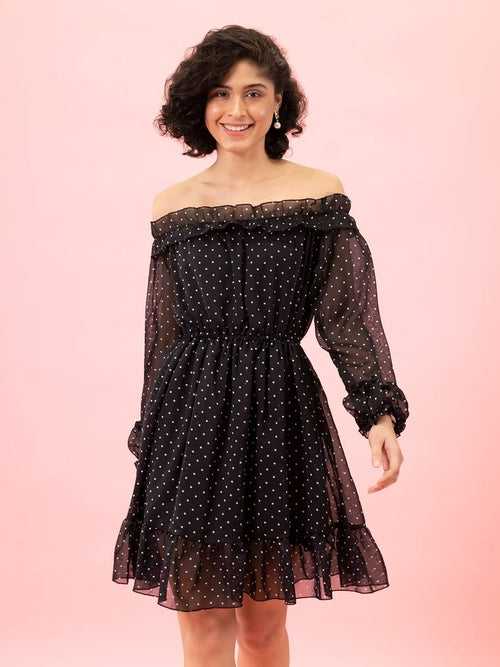 Black Georgette Off Shoulder Polka Dot Short Women Dress-2851OS