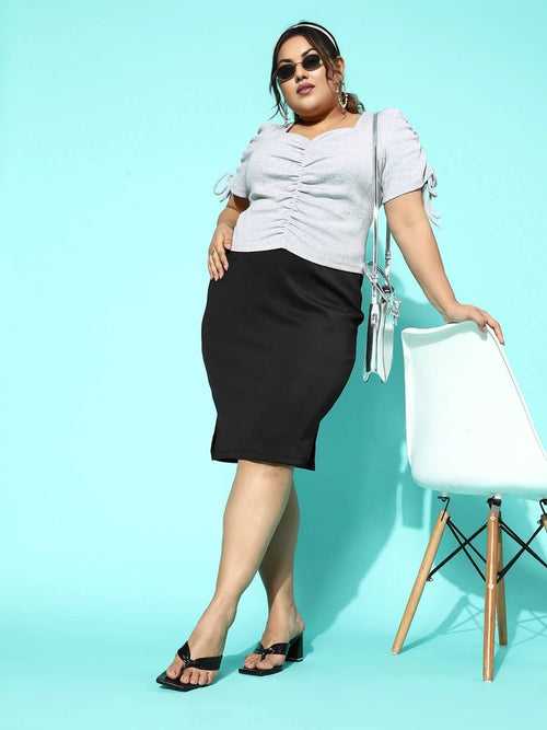 Solid Knee Length Plus Size Side Slit Women Pencil Skirt-3374-3376