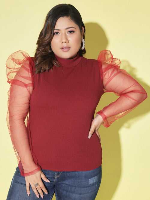 Solid Long Sleeve Plus Size Women Net Top-2451PLUS-2452PLUS