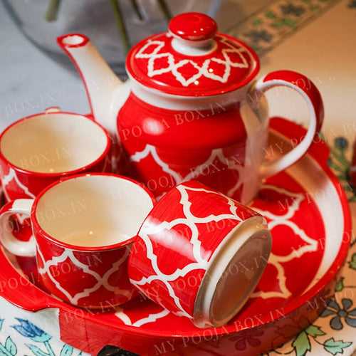 Royal Red Hand Painted Tea Kettle Set