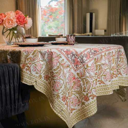 Pink Daisy Jaal Block Printed Table Cover