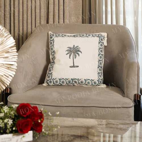 Palm Tree Block Print Cotton Cushion Cover