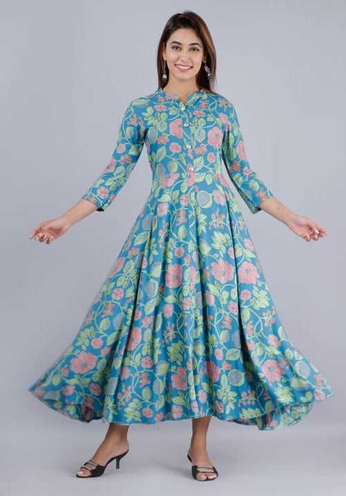 Sky Blue Flower Print Long Kurti