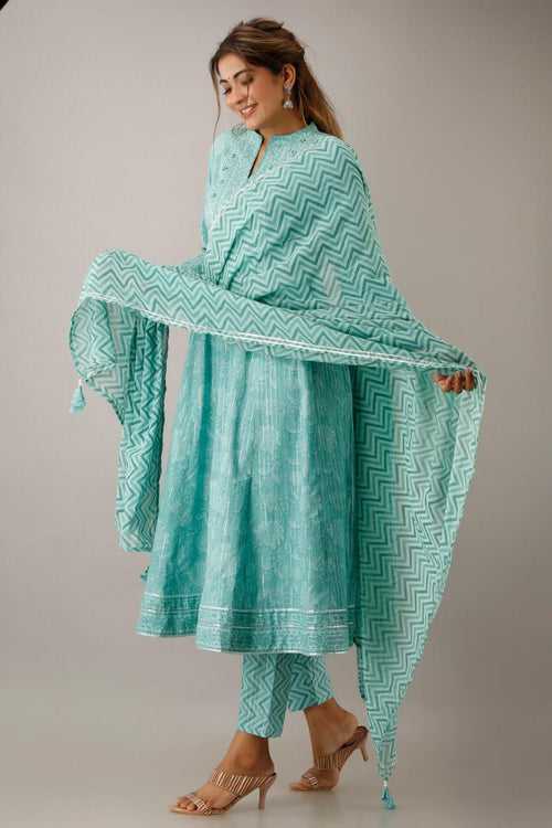 Sky Blue Zig Zag Print Stitched Cotton Lurex Suit Set with Cotton Dupatta
