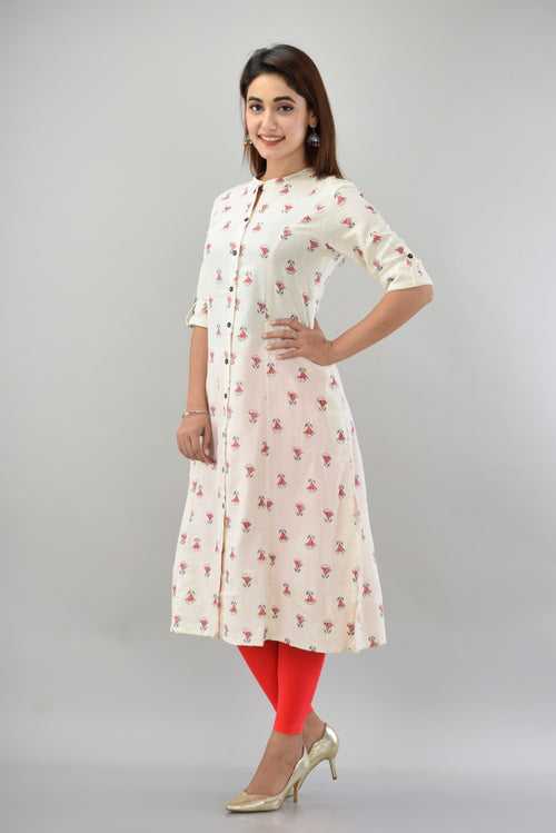 White Flower Print Cotton Flex Kurti