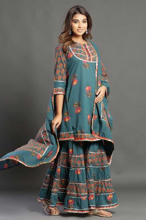 Green Sharara Cotton Stitched Suit