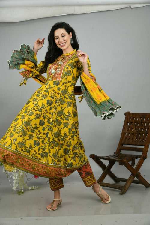 Mustard Flower Print Stitched Cotton Suit Set with Cotton Dupatta