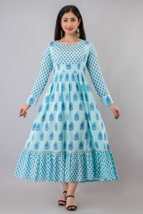 Sky Blue Flower Print Cotton Gotta work Gown