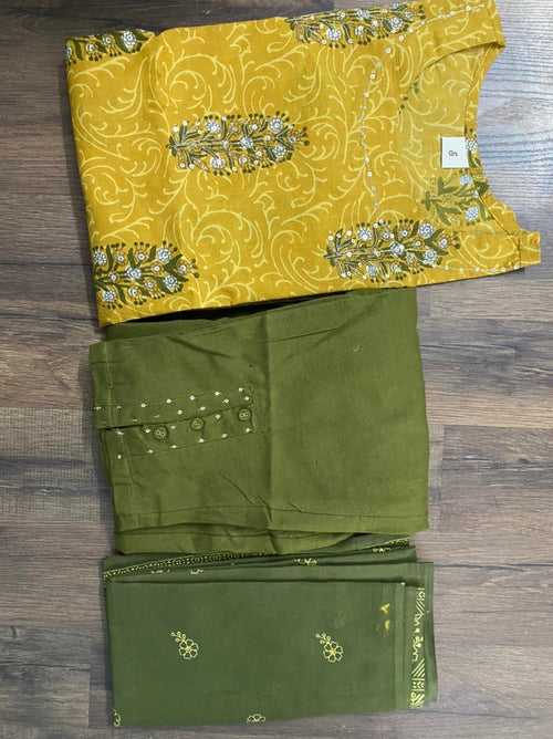 Yellow Flower Print Stitched Anarkali Cotton Suit Set with Kurti, Pant & Dupatta