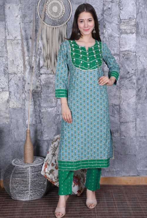 Green Flower Print Stitched Anarkali Cotton Suit Set with Kurti, Pant & Dupatta