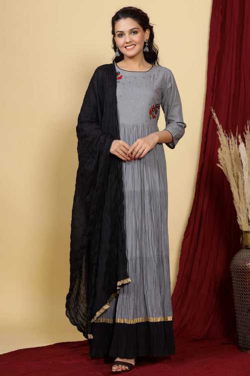 Gray Printed Stitched Cotton Suit Set with Dupatta