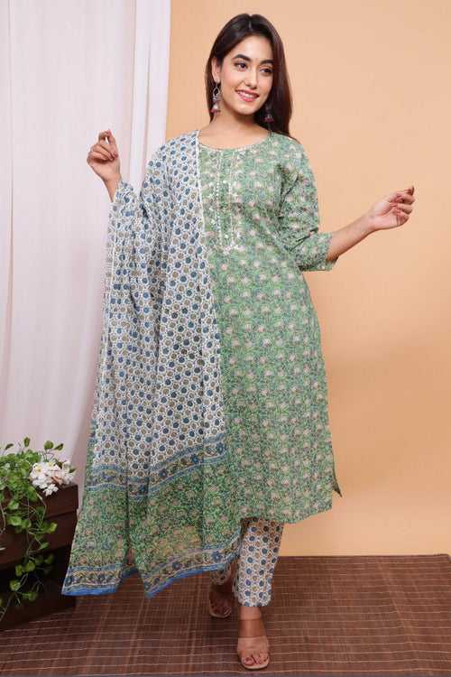 Green Flower Print Stitched Cotton Suit Set with Kurti, Pant & Dupatta