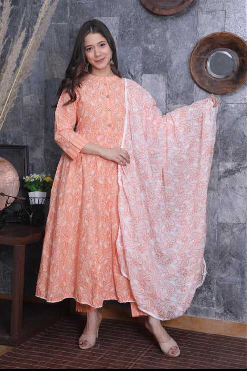 Orange Flower Print Cotton Stitched Suit Set with Dupatta