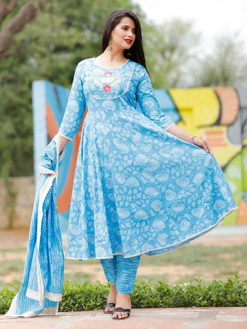 Blue Flower Print Cotton Stitched Suit Set with Dupatta