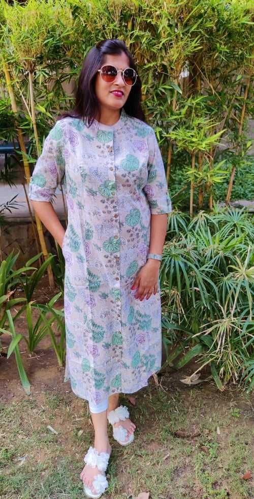 Gray Flower Print Cotton A-Line Kurti with Mask & Pocket