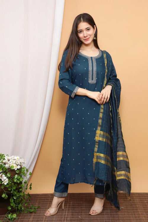 Blue Printed Rayon Stitched Suit Set with Kurti, Pant & Dupatta