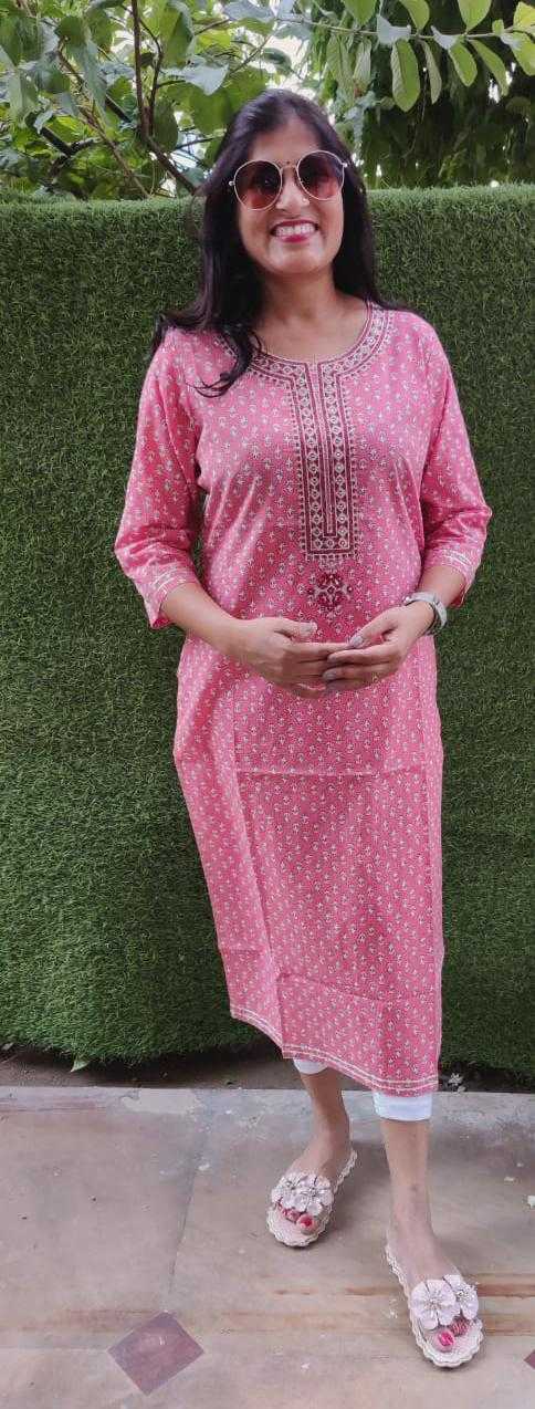 Pink Flower Print Cotton Kurti with Mask