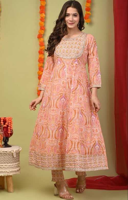 Peach Flower Print Cotton Stitched Suit Set with Anarkali Kurti, Pant & Dupatta