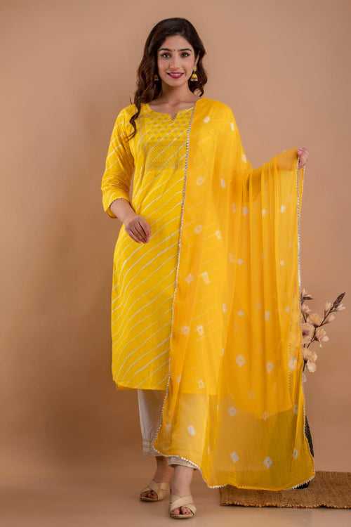 Yellow Leheriya Cotton Stitched Suit Set with Kurti, Pant & Dupatta