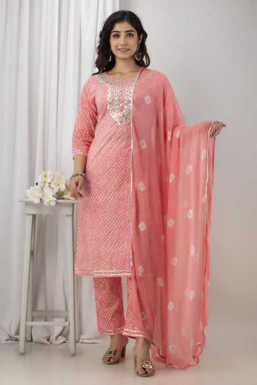 Pink Leheriya Stitched Suit Set with Kurti, Pant & Dupatta