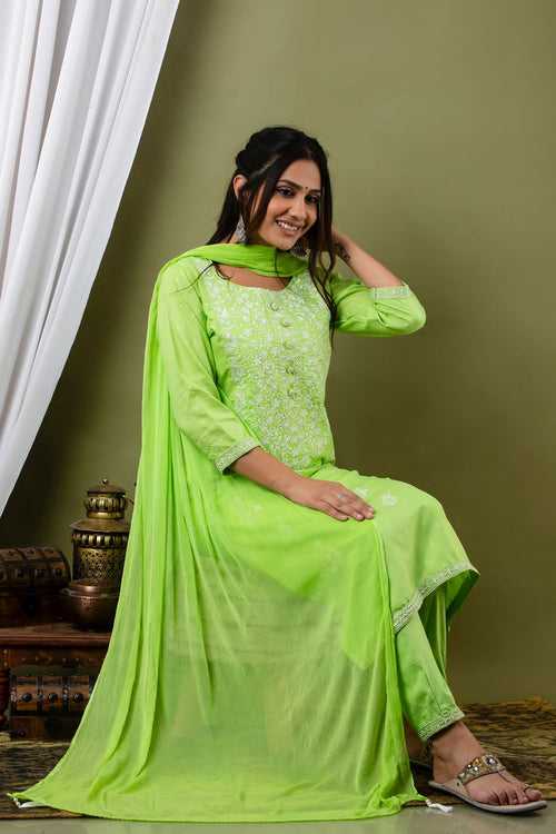 Green Designer Rayon Stitched Suit set with Kurti, Pant & Dupatta