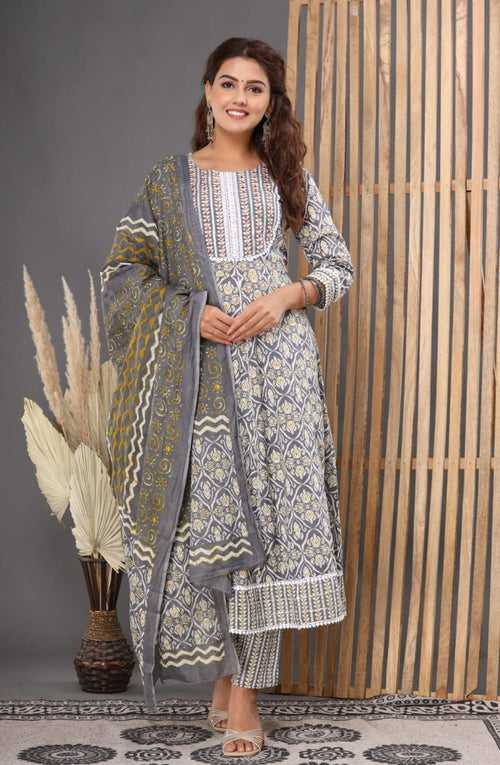 Gray Hand Work Cotton Stitched suit set with Anarkali Kurti , Pant & Dupatta