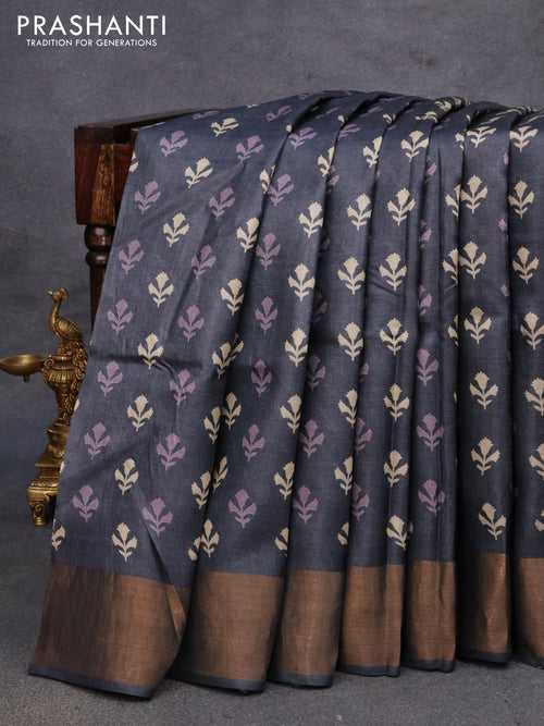 Pure tussar silk saree grey with allover butta prints and zari woven border