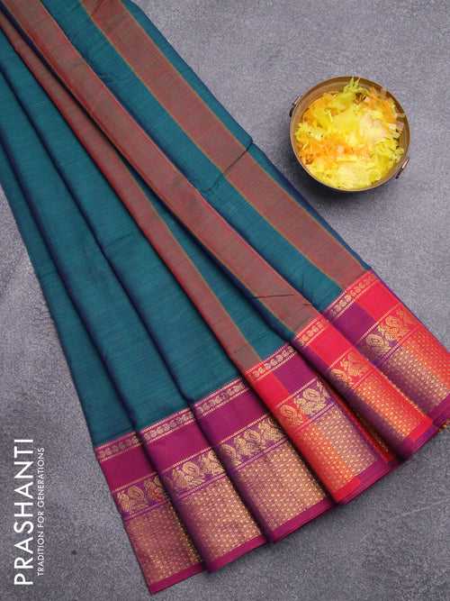 Narayanpet cotton saree dual shade of bluish green and magenta pink with plain body and annam zari woven border