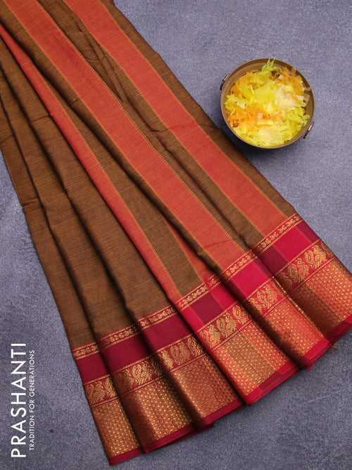 Narayanpet cotton saree honey shade and maroon with plain body and annam zari woven border
