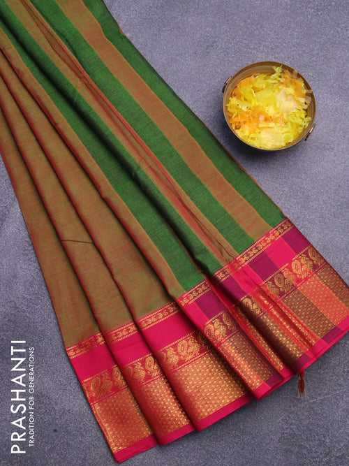 Narayanpet cotton saree dual shade of green and pink with plain body and annam zari woven border