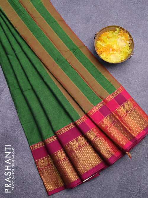 Narayanpet cotton saree green and magenta pink with plain body and annam zari woven border