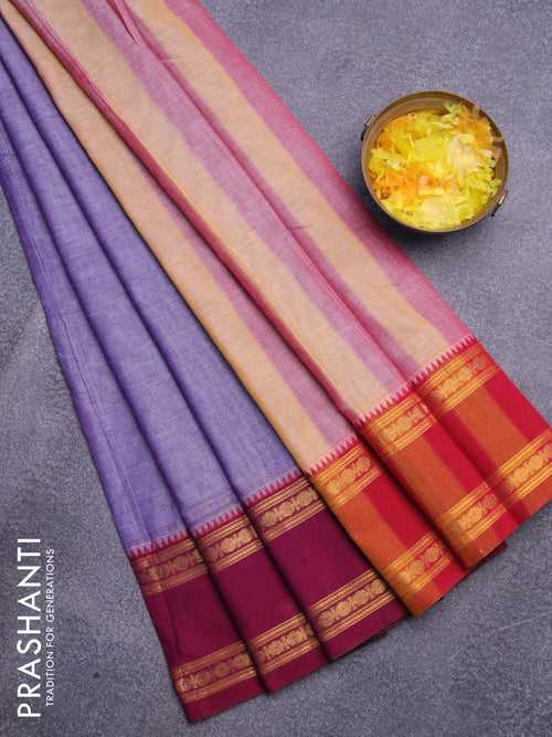 Narayanpet cotton saree violet shade with plain body and zari woven ganga jamuna border