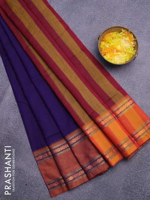 Narayanpet cotton saree violet with plain body and zari woven ganga jamuna border