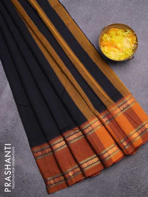 Narayanpet cotton saree black with plain body and zari woven ganga jamuna border
