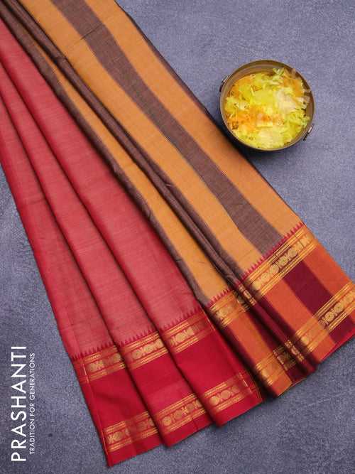 Narayanpet cotton saree red shade with plain body and zari woven ganga jamuna border