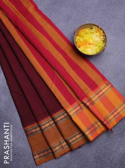 Narayanpet cotton saree maroon with plain body and zari woven ganga jamuna border