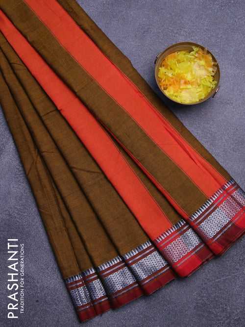 Narayanpet cotton saree dark mustard and maroon with plain body and silver zari woven border
