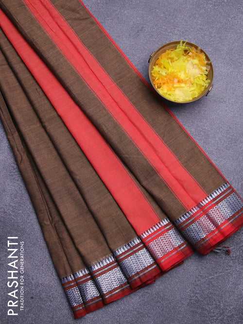 Narayanpet cotton saree chikku shade and maroon with plain body and silver zari woven border