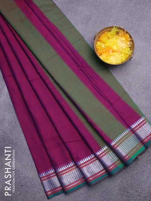 Narayanpet cotton saree dual shade of purple and green with plain body and silver zari woven border