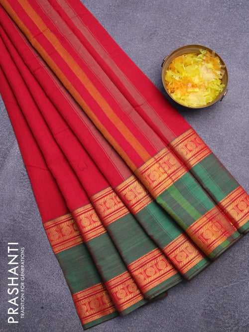 Narayanpet cotton saree red and green with plain body and rettapet zari woven border